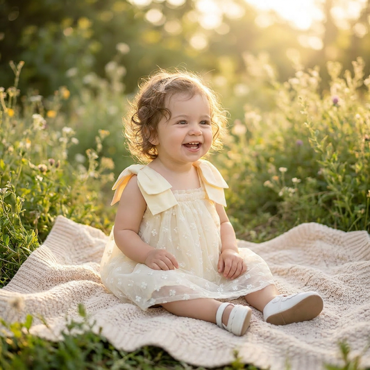 Smiling toddler girl wearing a cottagecore cream summer dress sitting on a blanket outdoors in a grassy field.
