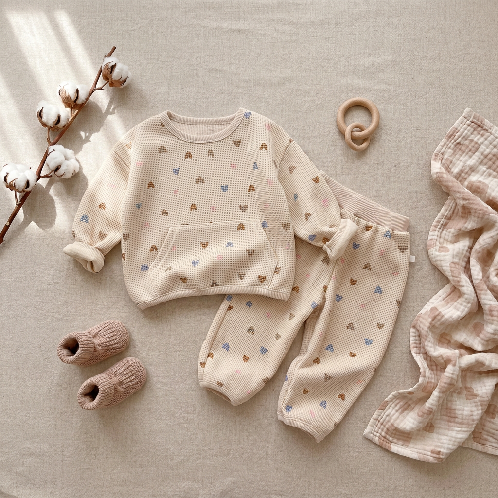 Flat lay view of a baby girl heart print waffle knit 2-piece outfit with small baby shoes and wooden toy