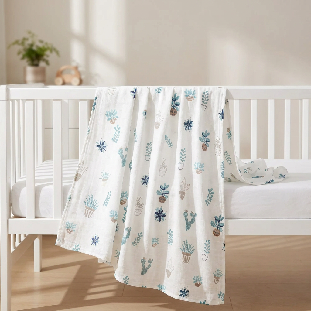 A large bamboo cotton muslin baby swaddle blanket featuring a watercolor cactus print, draped over a white nursery crib.