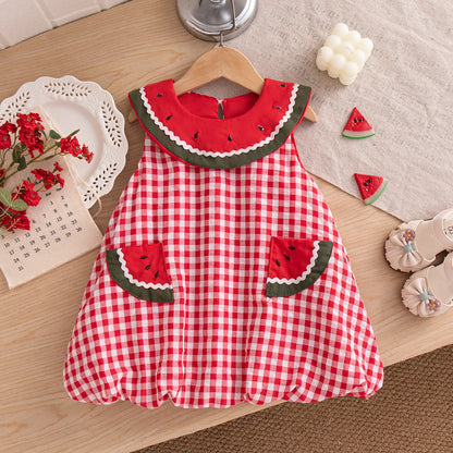 Front and back view of the Watermelon Red gingham bubble dress for toddlers featuring a large white scalloped collar with watermelon seed details.