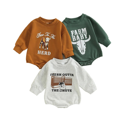 Three western theme baby sweatshirt rompers in rust, green, and light grey featuring farm and rodeo graphics.
