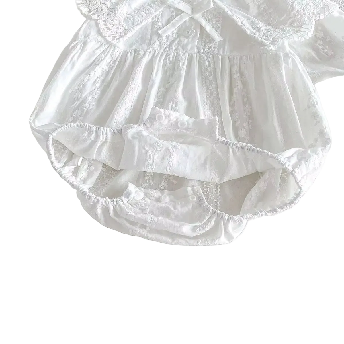 Close-up of elastic gathered leg openings and bottom snap closures on a white infant bubble romper.