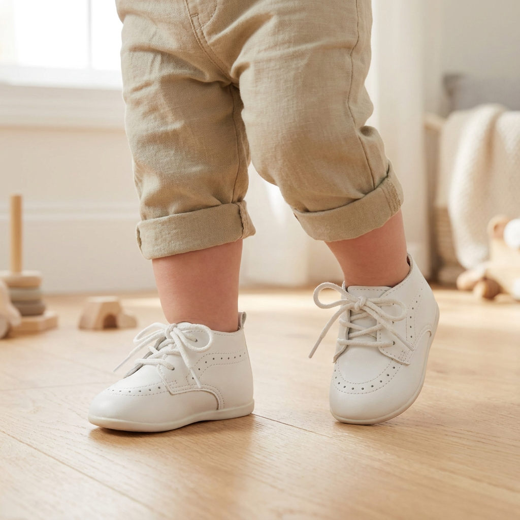 Close-up of a toddler's feet standing on a light wood floor wearing rolled-up khaki pants and Kidsely smooth white leather brogue oxfords.
