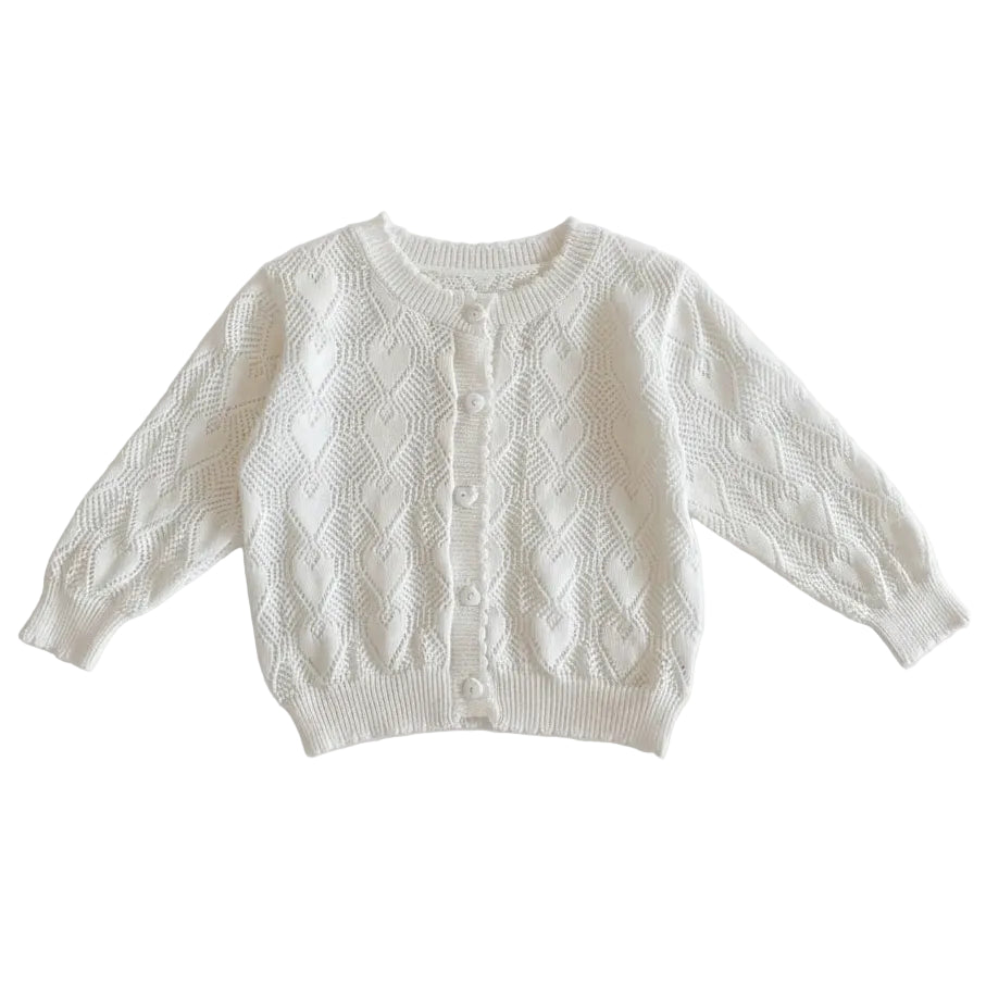 Full view of the white baby girl cotton knit pointelle heart cardigan sweater laid flat against a white background.