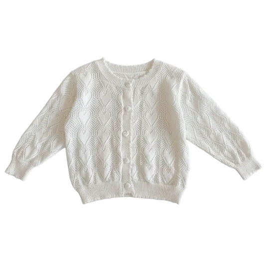 Full view of the white baby girl cotton knit pointelle heart cardigan sweater laid flat against a white background.