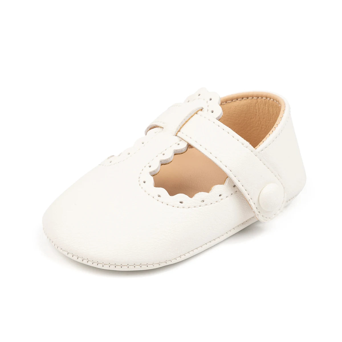 Single white PU leather baby girl T-strap crib shoe viewed from a front angle.