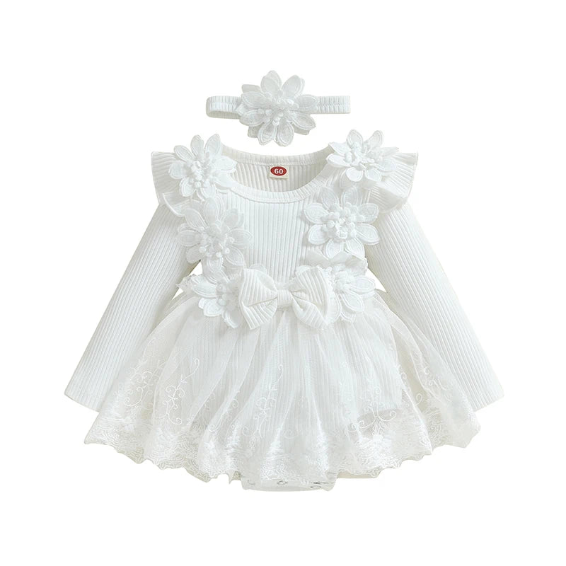 White baby girl long sleeve ribbed floral tutu romper dress with matching 3D flower headband.