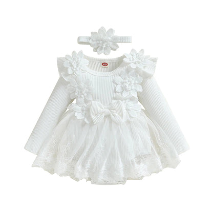White baby girl long sleeve ribbed floral tutu romper dress with matching 3D flower headband.