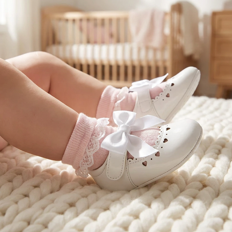 Baby's feet resting on a chunky white knit blanket wearing white Mary Jane dress shoes and pink lace socks.