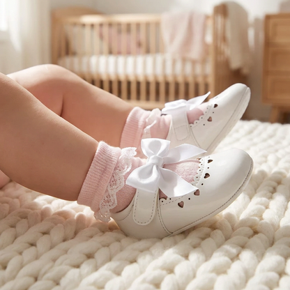Baby's feet resting on a chunky white knit blanket wearing white Mary Jane dress shoes and pink lace socks.