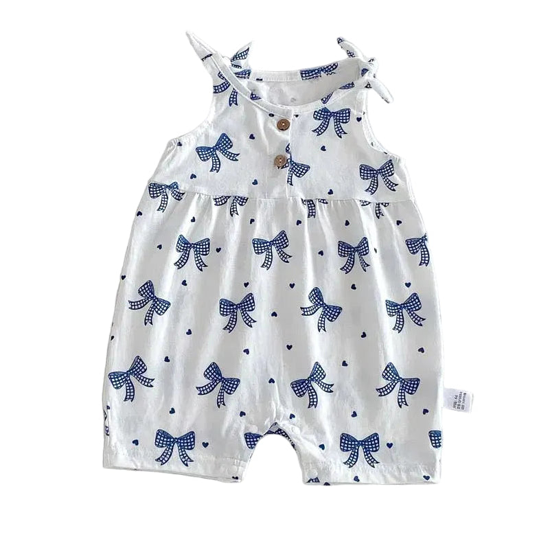 White baby girl bubble romper with a blue bow print and adjustable shoulder tie-straps on a white background.
