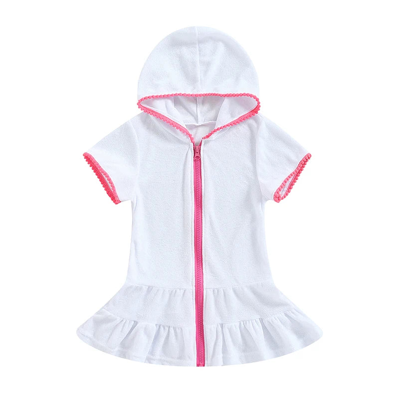 White absorbent cotton-blend terry cloth swim cover-up with hood and pink zipper accent.