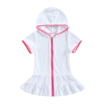 White absorbent cotton-blend terry cloth swim cover-up with hood and pink zipper accent.