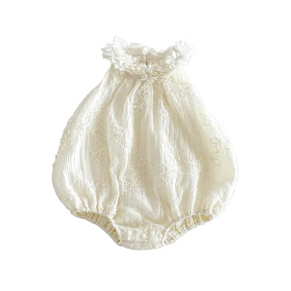 Full front view of a white embroidered boho baby girl bubble romper featuring a floral collar on a white background.
