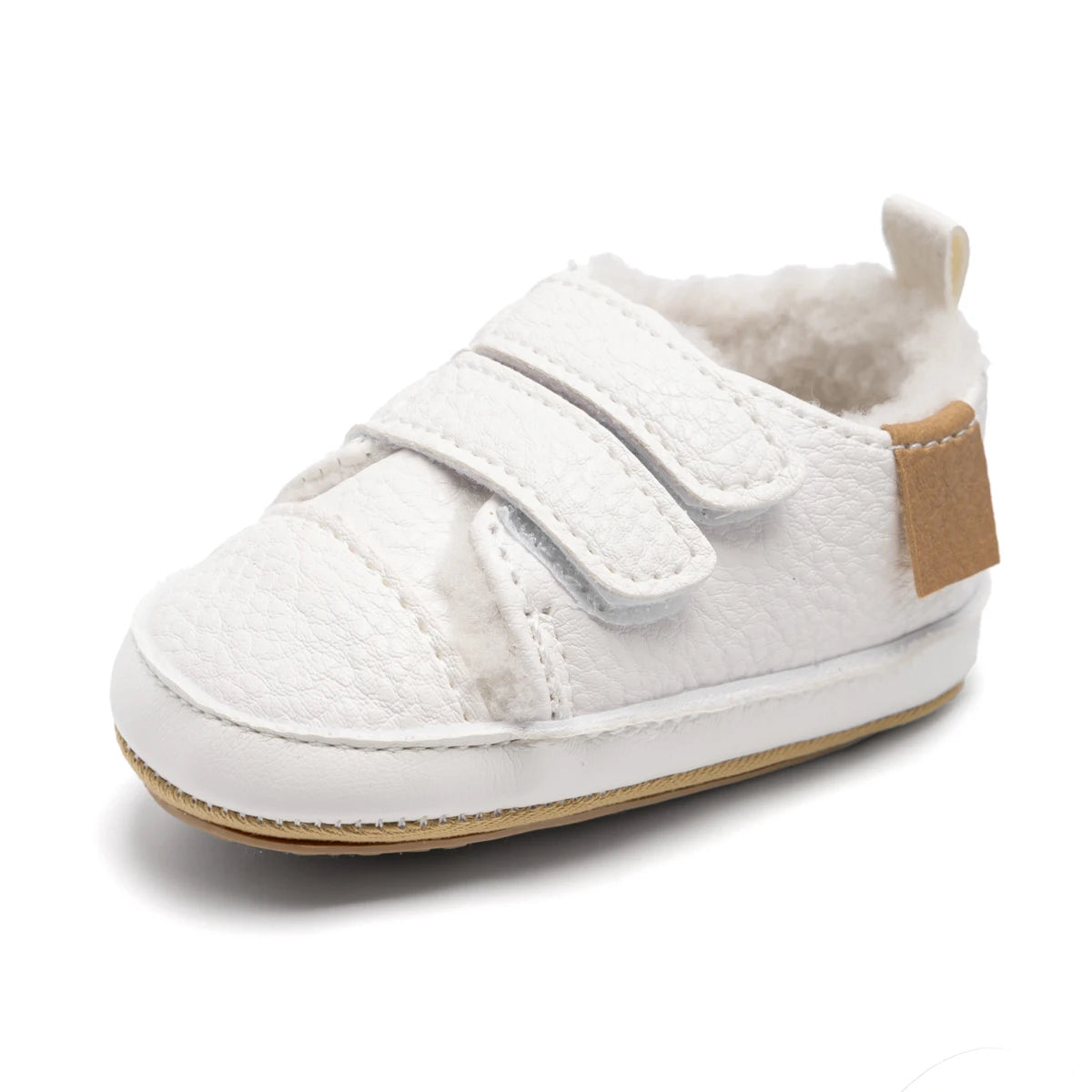 Side profile view of a single white fleece-lined baby sneaker showing its soft, flexible construction and flat sole.