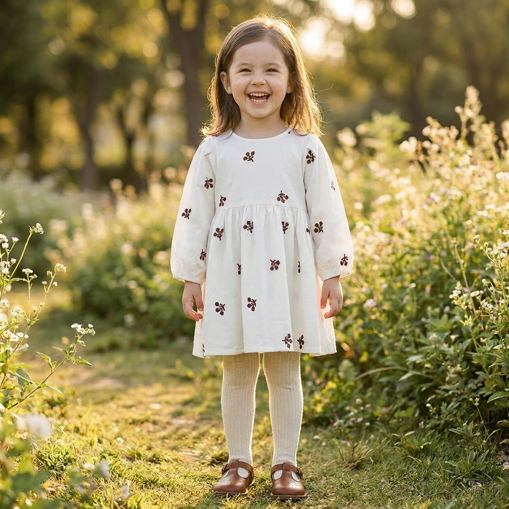A happy little girl standing in a sunlit green meadow wearing the white cotton floral embroidered dress.