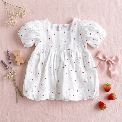 White floral bubble dress with on a pink background with decorative items.