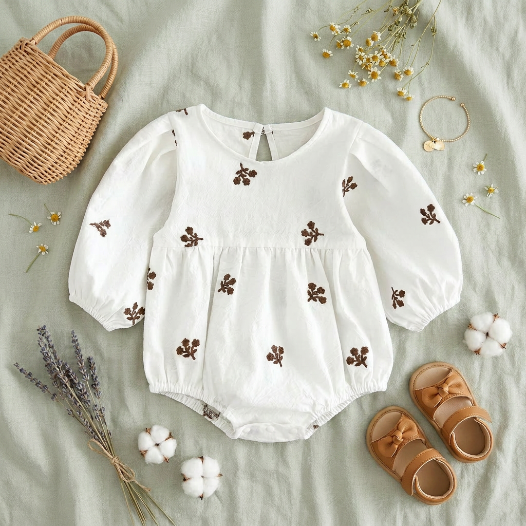 Flat lay of the white floral embroidered long-sleeve baby romper, beautifully styled with brown leather bow sandals, a mini woven basket, cotton bolls, and dried flowers on a soft green linen background.