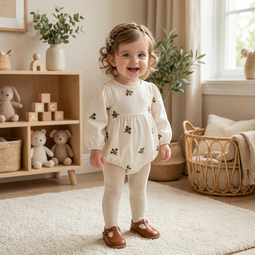 A smiling toddler girl standing in a neutral, cozy nursery wearing the white floral embroidered long-sleeve baby romper paired with cream ribbed tights and brown leather t-strap shoes.