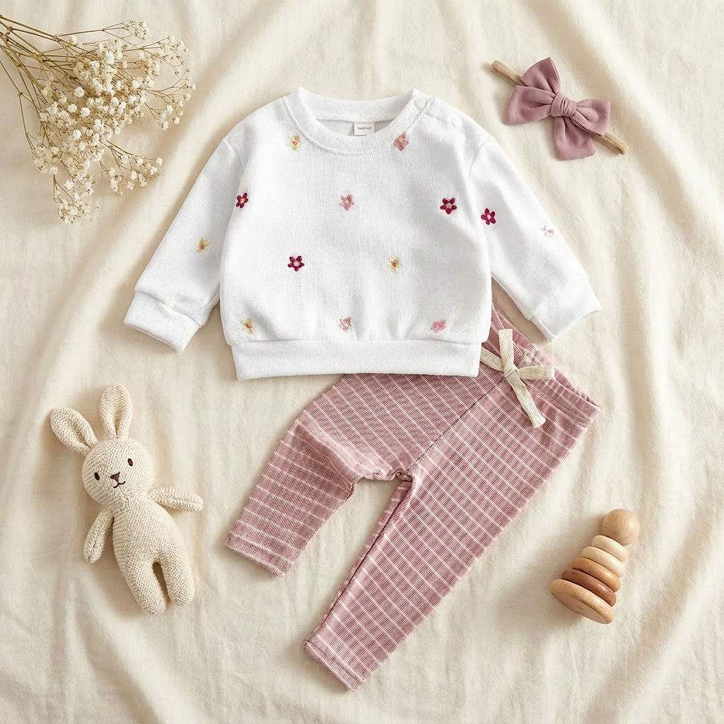 Flat lay of the white floral baby outfit set placed on a textured blanket alongside a stuffed bunny, wooden toy, and hair bow.