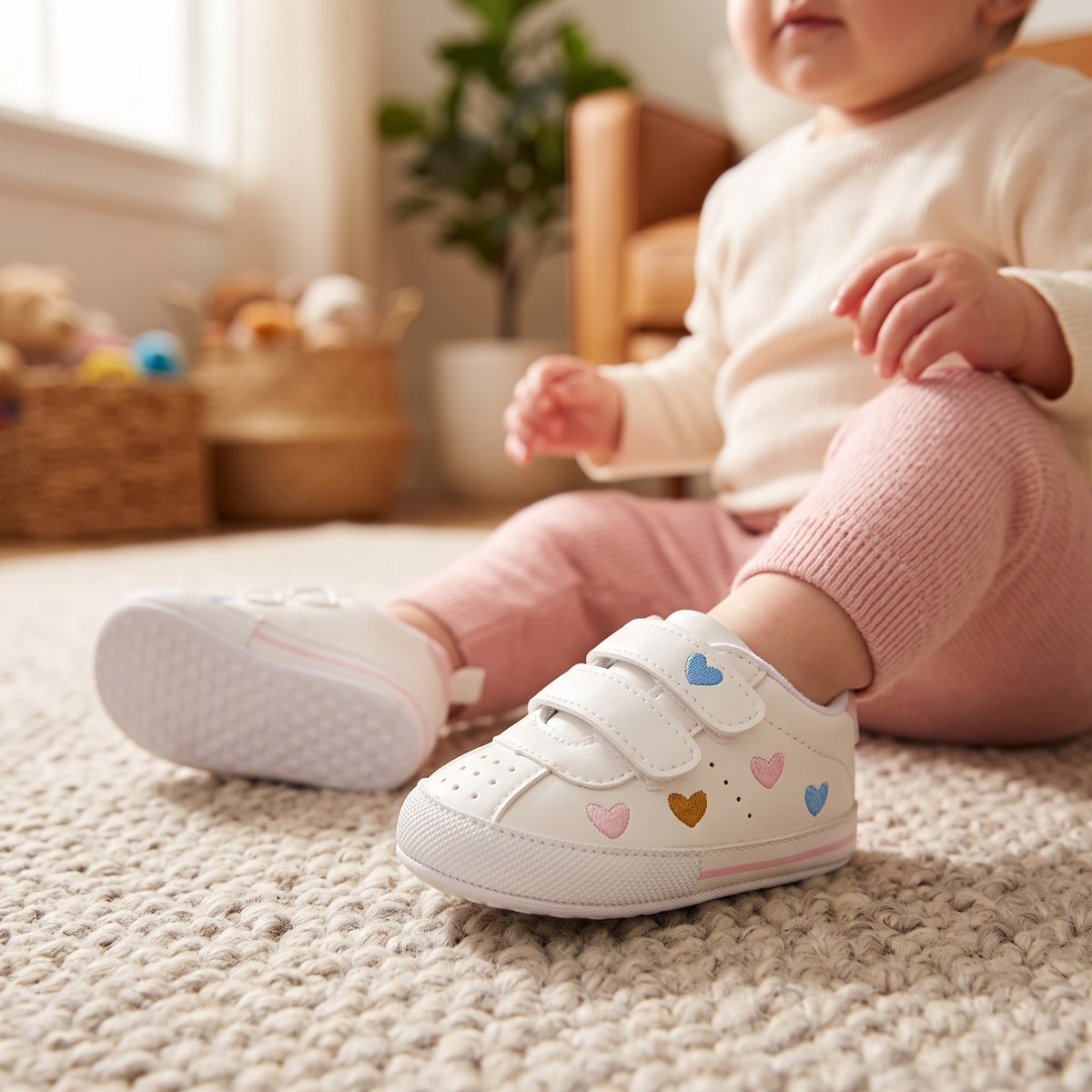 A baby sitting on a textured cream rug wearing white soft sole sneakers decorated with multi-colored embroidered hearts.