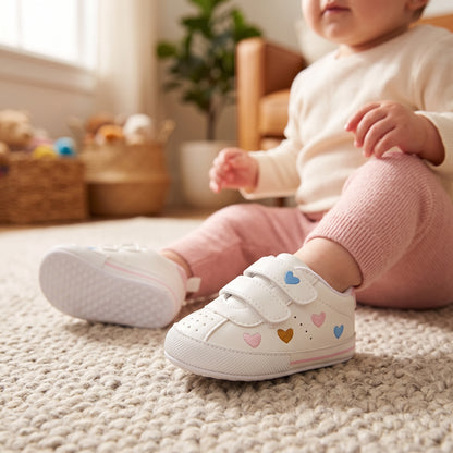 A baby sitting on a textured cream rug wearing white soft sole sneakers decorated with multi-colored embroidered hearts.