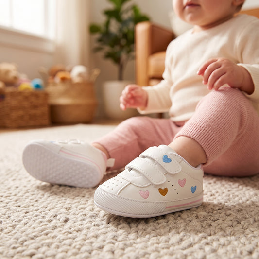 A baby sitting on a textured cream rug wearing white soft sole sneakers decorated with multi-colored embroidered hearts.