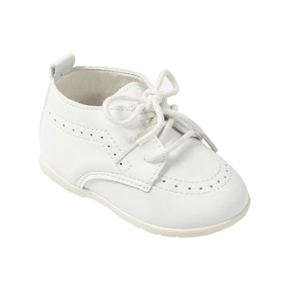 Single side profile of a Kidsely smooth white faux leather baby oxford shoe, ideal for baptisms, christenings, and special occasions.
