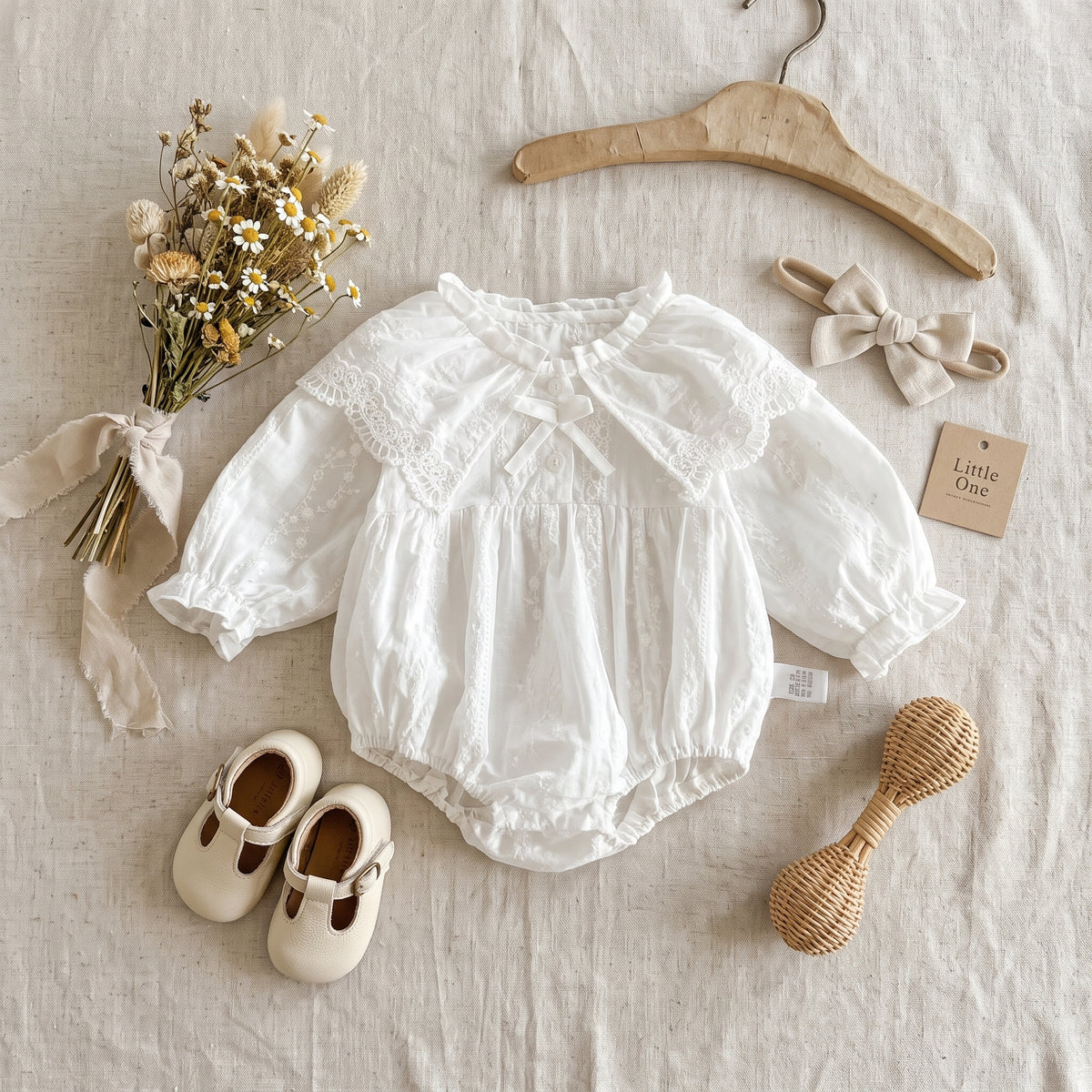 Flat lay of white infant lace bubble romper displayed with a wooden hanger, baby shoes, and dried flowers