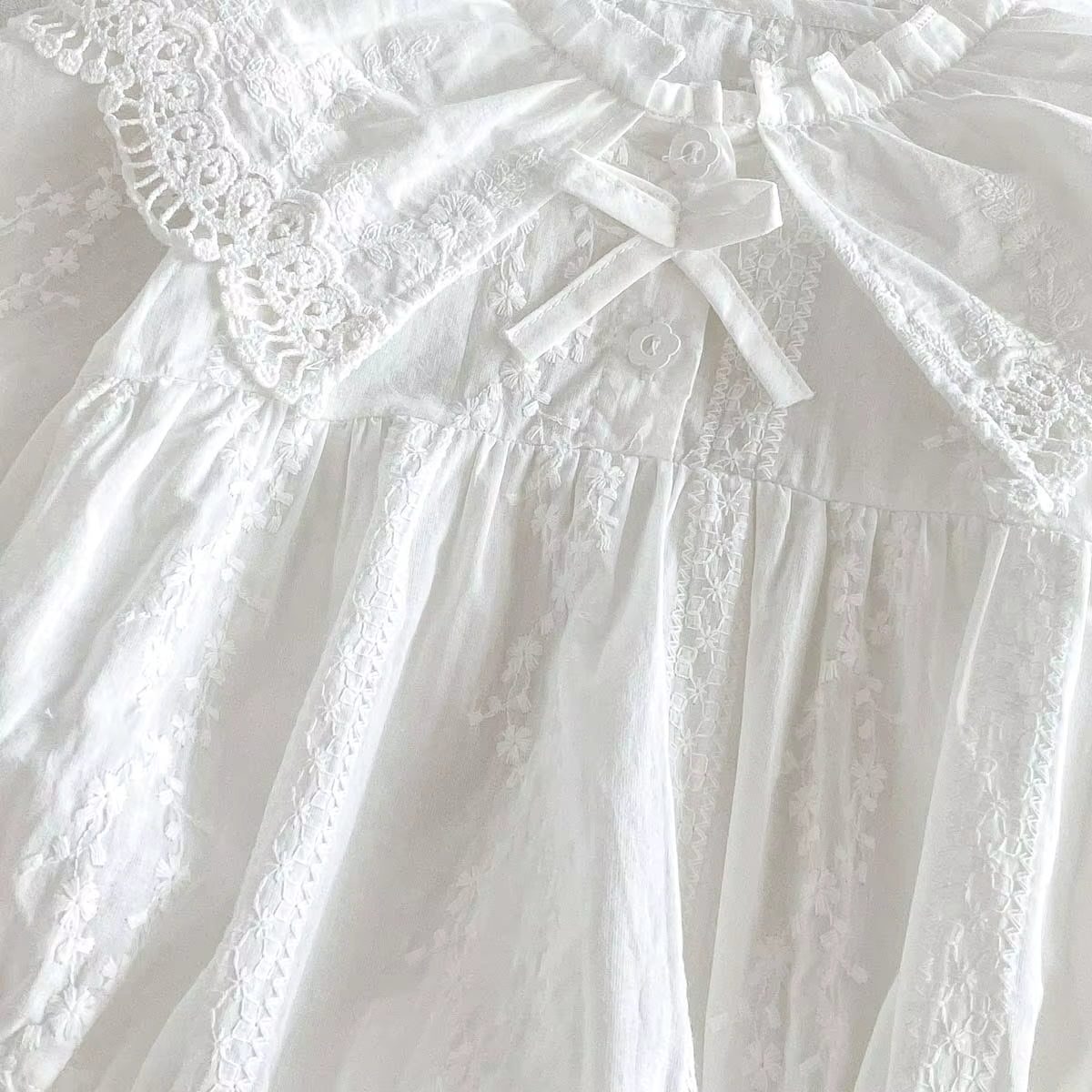 Close-up of the textured white cotton blend fabric and back lace collar trim on an infant romper.