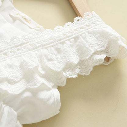 Detailed close-up view of the delicate white lace trim on the ruffle flutter sleeves of the dress.