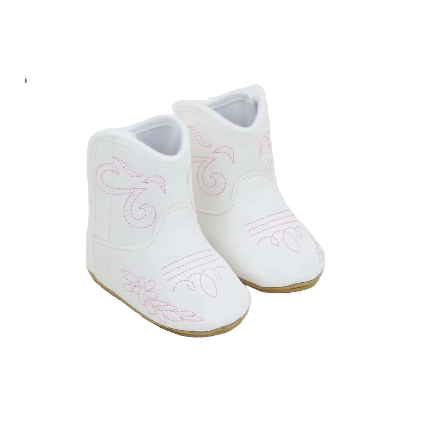 Pair of white coastal cowgirl baby boots with pink floral embroidery on a white background.