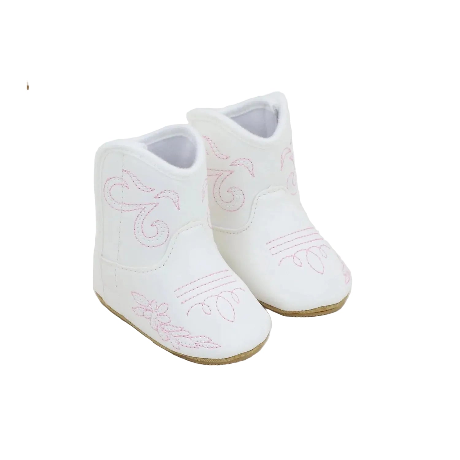 Pair of white coastal cowgirl baby boots with pink floral embroidery on a white background.