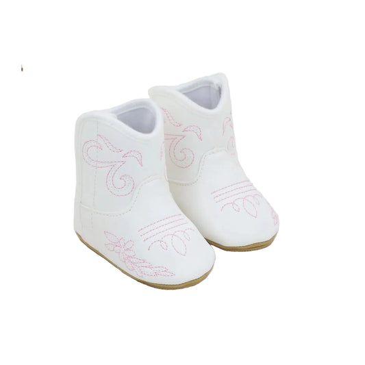 Pair of white coastal cowgirl baby boots with pink floral embroidery on a white background.