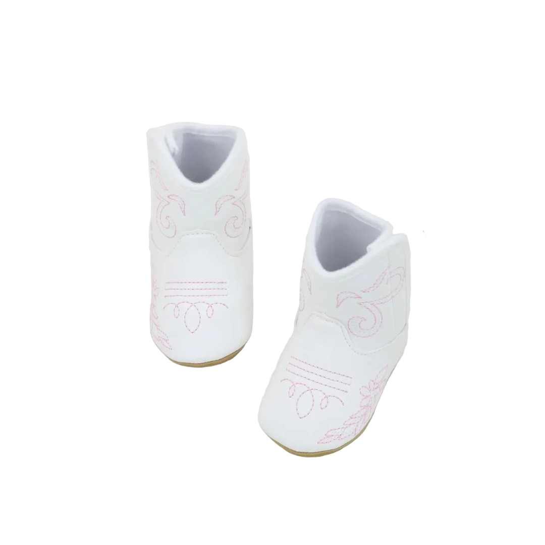 Top-down view of white infant western booties highlighting the pink stitched toe details.