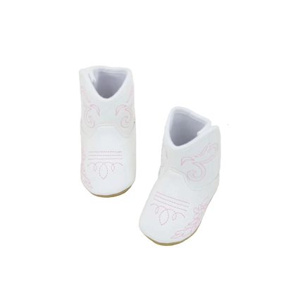 Top-down view of white infant western booties highlighting the pink stitched toe details.