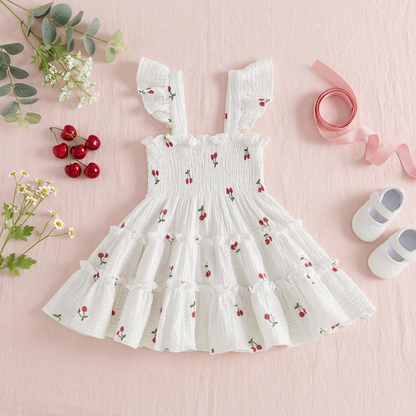 White dress with cherry pattern on a pink background