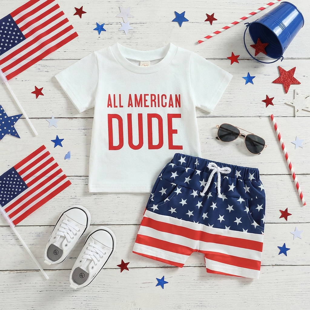 Flat lay of the white "All American Dude" toddler boys outfit styled with American flags, sunglasses, and white sneakers.