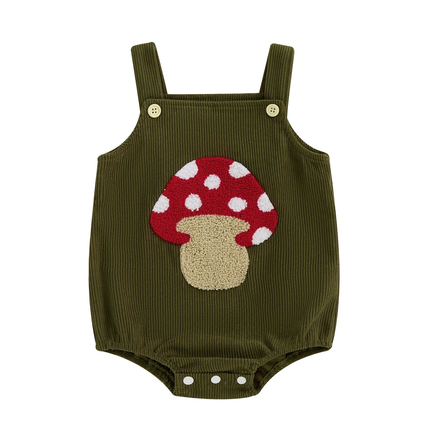 The Woodland Spore romper in forest moss green featuring a red and white mushroom bouclé embroidery.