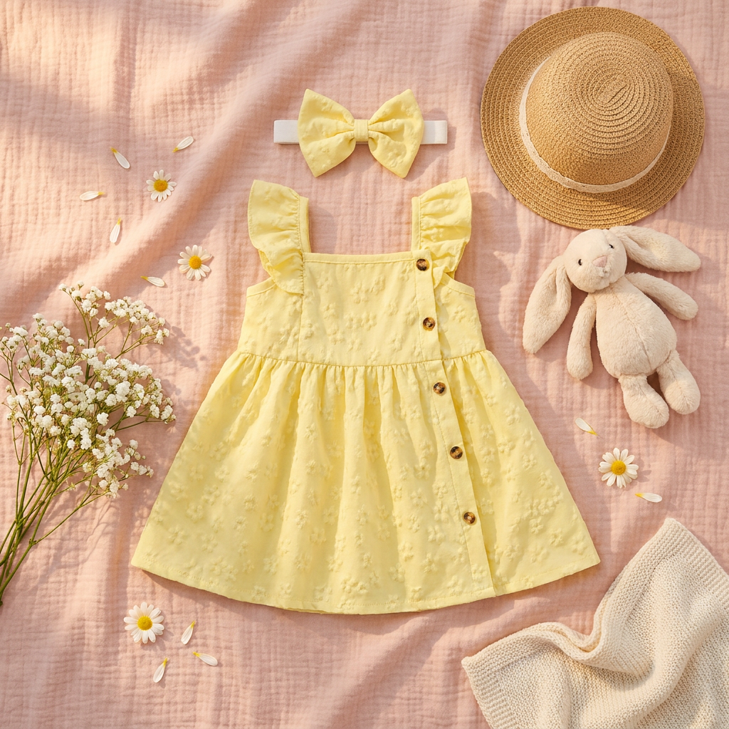 Styled flat lay of the yellow floral embossed baby dress with matching bow headband, accompanied by a straw hat, a plush bunny toy, and small white flowers on a pink background.