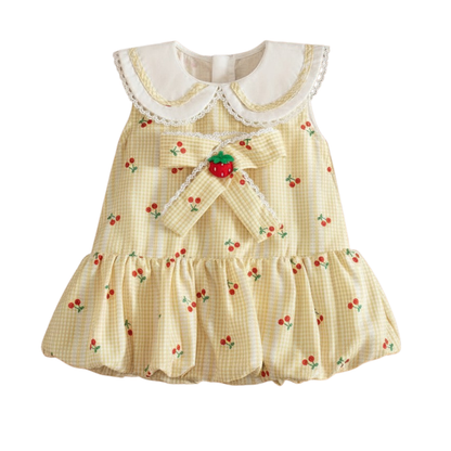 Yellow cherry gingham baby dress with a ruffle collar and strawberry appliqué bow, displayed flat on a white background.