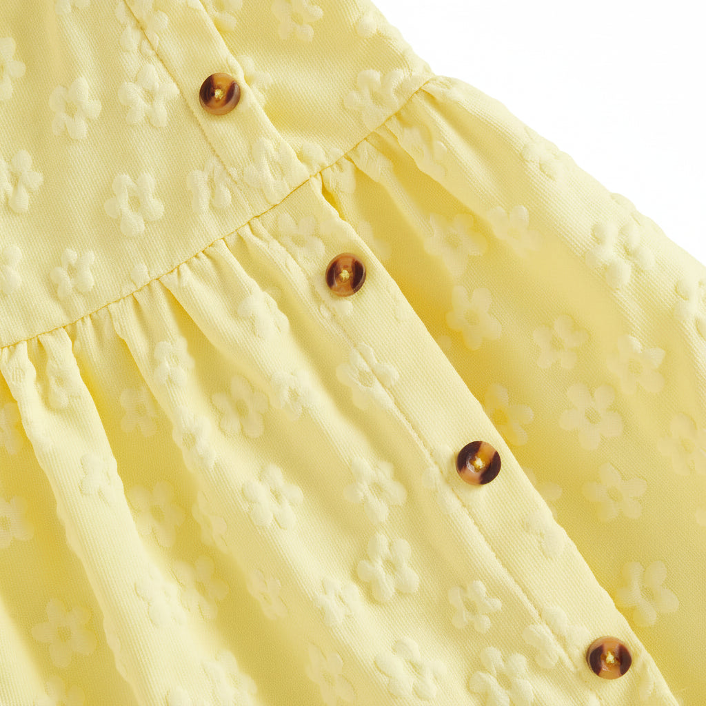 Close-up macro shot of the 3D floral embossed pattern on the soft yellow baby dress fabric, highlighting the faux-wood side buttons and pleated waist details.
