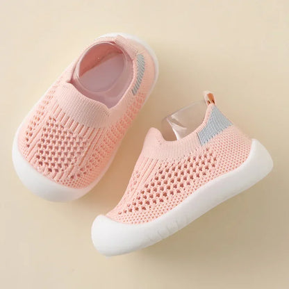 Kidsley Blush pink and peach mesh knit toddler prewalker shoe with flexible sole for first steps.