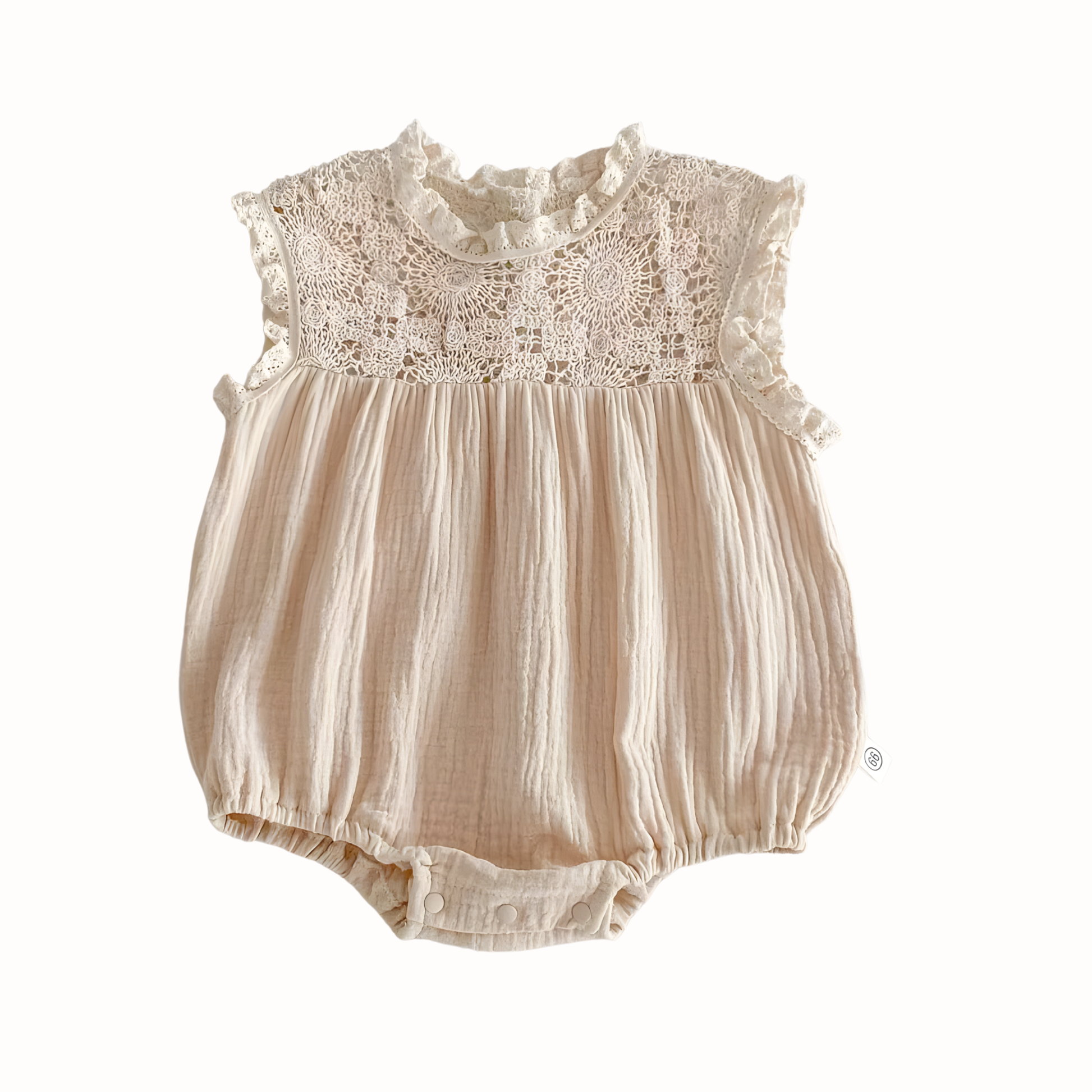 Baby Girl's muslin cotton vintage inspired romper with lace top on a white background