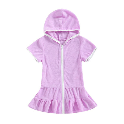 Purple short sleeve terry cloth beach dress and swim cover-up for kids.