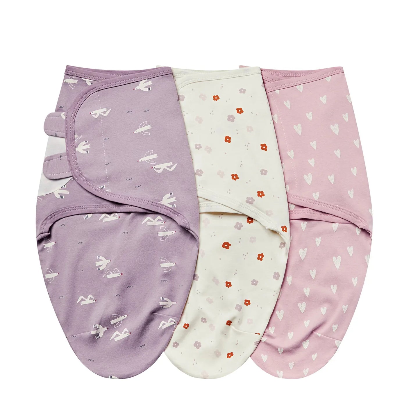 Lavender Sky collection swaddles featuring purple seagull, cream floral, and pink heart prints.