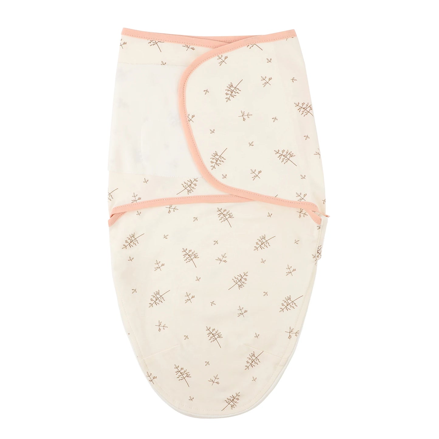 Beige Leaf pattern newborn swaddle sleep sack made of 100% cotton, featuring adjustable silent velcro wings with peach trim.