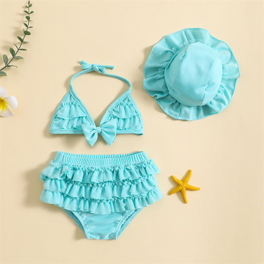 Sky blue baby girl summer swimwear featuring a halter neck vest top and matching ruffle diaper cover shorts.