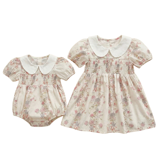 Sister Set of Matching Floral Romper and Dress for Easter or Church or Family Photo