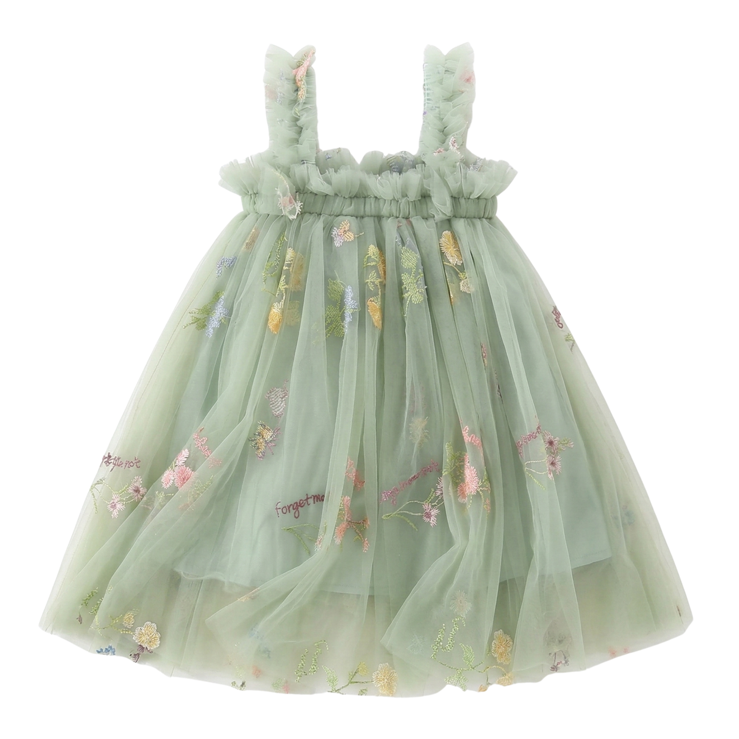 Flat lay of Mystic Sage Green baby and toddler fairy girls' dress featuring colorful floral embroidery, 'Forget-Me-Not' script, and layered fluffy tulle. Sleeveless Easter princess tutu with ruffled mesh straps and 100% cotton lining.